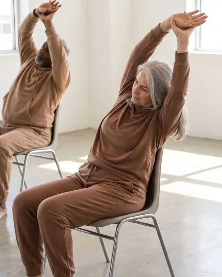Seniors on chairs reaching their arms overhead in a side stretch