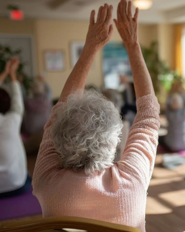 A senior adults class stretching their arms up in a sunny room