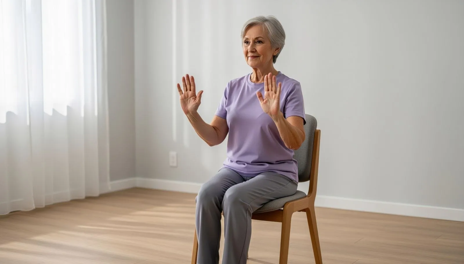 An older woman seated on a chair, palms raised in front of her